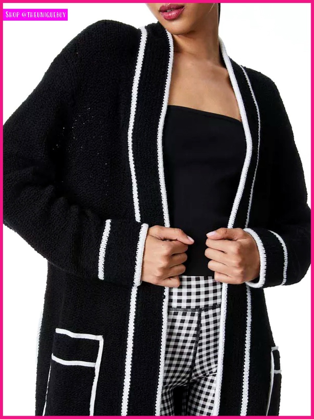 Alice + Olivia Doria Wool Blend Black White Belted Sweater Cardigan